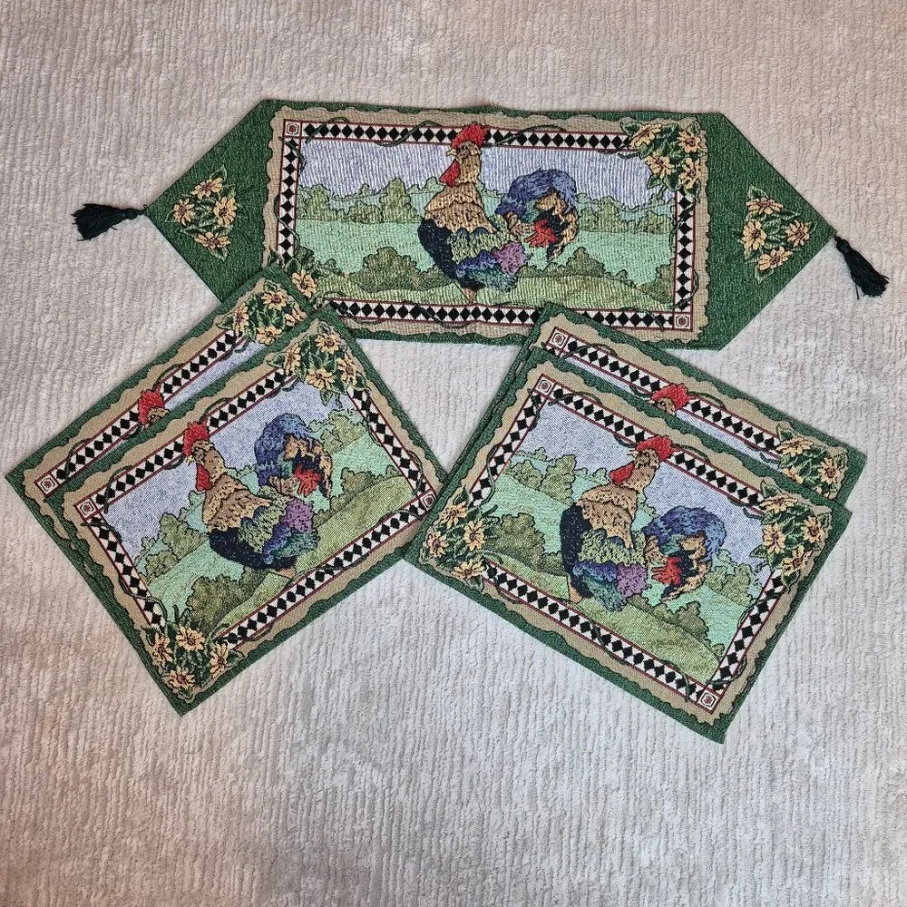 Tapestry Tassel Rooster Table Runner & 4 Placemats